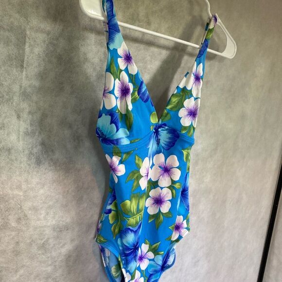 LANDS END Floral Green Tropical Leaves One Piece Swimsuit Womens Size 8 - Picture 9 of 15